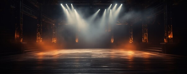 The dark stage shows, empty chartreuse, lime, olive background, neon light, spotlights, The asphalt floor and studio room with smoke