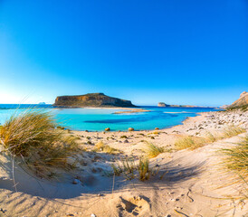 Amazing view of Balos Lagoon with magical turquoise waters, lagoons, tropical beaches of pure white...