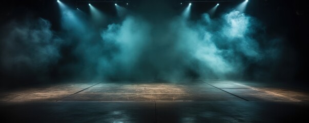 The dark stage shows, empty chartreuse, lime, olive background, neon light, spotlights, The asphalt floor and studio room with smoke - obrazy, fototapety, plakaty