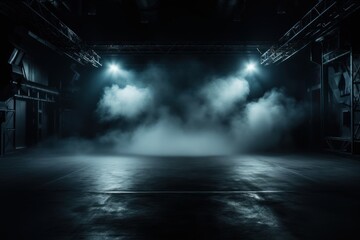 The dark stage shows, empty chartreuse, lime, olive background, neon light, spotlights, The asphalt floor and studio room with smoke