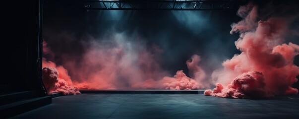 The dark stage shows, empty coral, peach, salmon background, neon light, spotlights, The asphalt floor and studio room with smoke