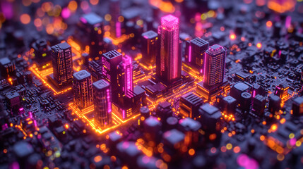 Fototapeta na wymiar High-resolution, macro shot of a computer chip with intricate circuit details, illuminated in dark purple and yellow lighting