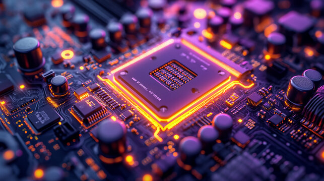 High-resolution, macro shot of a computer chip with intricate circuit details, illuminated in dark purple and yellow lighting