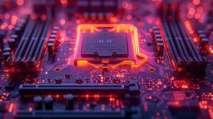 Obraz premium High-resolution, macro shot of a computer chip with intricate circuit details, illuminated in dark purple and yellow lighting