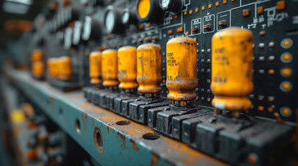 Close-up view of an old electrical panel, highlighting its aged surface, rusty switches, faded labels, set against a dimly lit background, evoking a sense of vintage technology