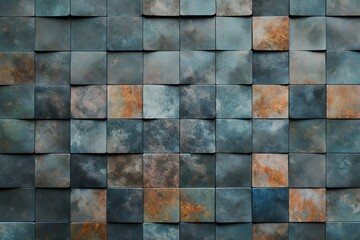 Rustic Blue Square Tiles with Oxidized Copper Patina