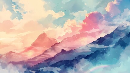 A watercolored painting with mountains and sky giving a majestic look that ignites the imagination and sparks curiosity