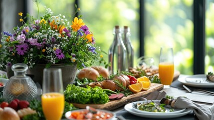 Contemporary Easter brunch setting emphasizing healthy eating, with organic vegetable dishes,...