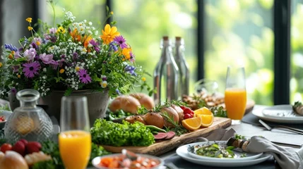 Deurstickers Contemporary Easter brunch setting emphasizing healthy eating, with organic vegetable dishes, freshly squeezed juices, whole grain breads, and a centerpiece of edible flowers and herbs © Татьяна Креминская