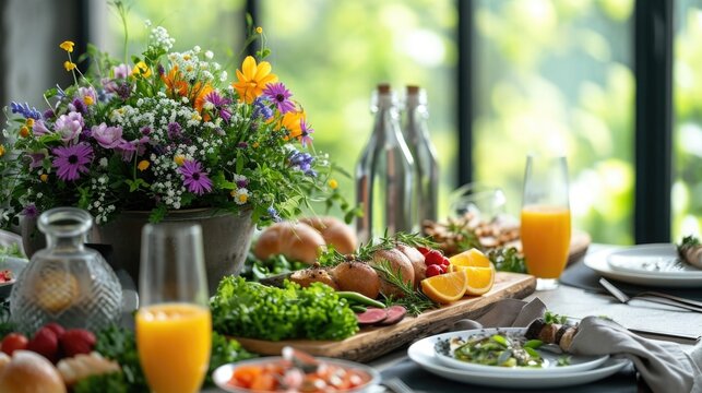 Contemporary Easter brunch setting emphasizing healthy eating, with organic vegetable dishes, freshly squeezed juices, whole grain breads, and a centerpiece of edible flowers and herbs