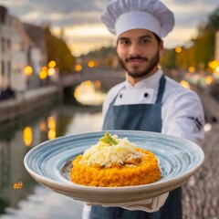portrait of a friendly chef with a plate of risotto in his hand, outside his waterfront restaurant.
