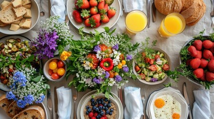 Contemporary Easter brunch setting emphasizing healthy eating, with organic vegetable dishes, freshly squeezed juices, whole grain breads, and a centerpiece of edible flowers and herbs