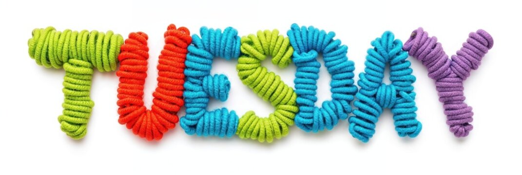 The word Tuesday in colorful felt letters on white background