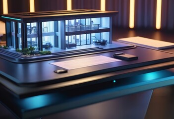 concept 3d render miniature model maquette of small skyscraper building on table in real estate agency. signing mortgage contract document demonstrating. futuristic business.