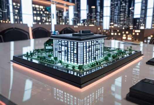 concept 3d render miniature model maquette of small skyscraper building on table in real estate agency. signing mortgage contract document demonstrating. futuristic business.