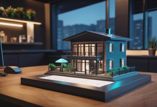 concept 3d render miniature model maquette of small skyscraper building on table in real estate agency. signing mortgage contract document demonstrating. futuristic business.