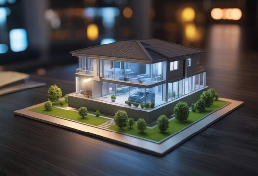 concept 3d render miniature model maquette of small skyscraper building on table in real estate agency. signing mortgage contract document demonstrating. futuristic business.