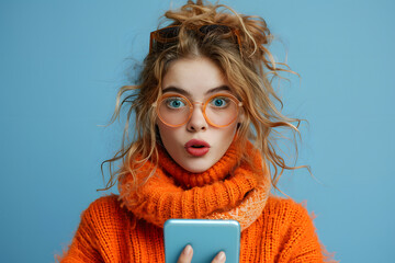Portrait of brunette nice impressed lady hold telephone open mouth hand face wear orange sweater isolated on bright color background - obrazy, fototapety, plakaty
