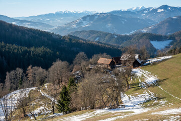 Steirische alpine Winterlandschaft mit Bergbauernhof . Styrian alpin Winterlandscape with mountain farm