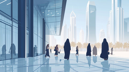 Architectural Prowess: Illustrations of Emirati women contributing to architectural and urban development projects, shaping the skylines of the UAE, vector women - obrazy, fototapety, plakaty