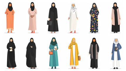 City Professionals: Vector illustrations of Emirati women in professional attire, reflecting the modern and empowered roles of women in various professional fields in the UAE, vect - obrazy, fototapety, plakaty