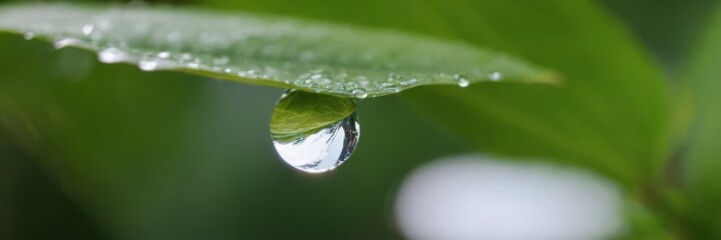 Large beautiful drops of transparent rain water on a green leaf macro. Drops of dew in the morning glow in the sun. Beautiful leaf texture in nature. Natural background