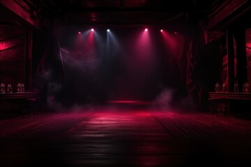 The dark stage shows, empty wine, burgundy, maroon background, neon light, spotlights, The asphalt floor and studio room with smoke