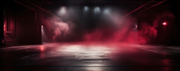 The dark stage shows, empty garnet, ruby, crimson background, neon light, spotlights, The asphalt floor and studio room with smoke