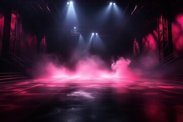 The dark stage shows, empty garnet, ruby, crimson The dark stage shows, empty garnet, ruby, crimson background, neon light, spotlights, The asphalt floor and studio room with smoke