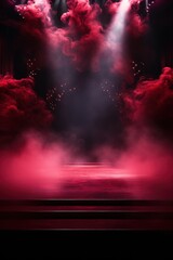 The dark stage shows, empty garnet, ruby, crimson The dark stage shows, empty garnet, ruby, crimson background, neon light, spotlights, The asphalt floor and studio room with smoke