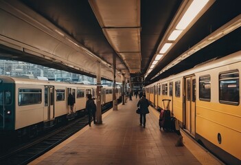 Fototapeta premium Blurred people on subway platform leaving the train