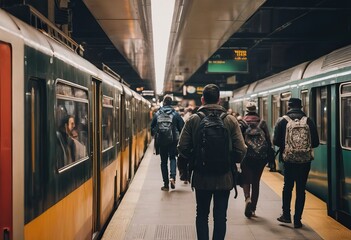 Blurred people on subway platform leaving the train