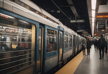 Fototapeta premium Blurred people on subway platform leaving the train