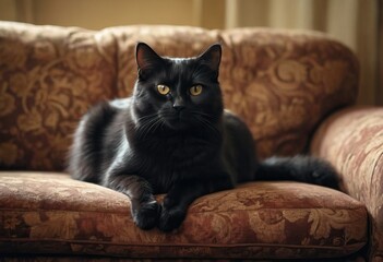 Black cat on an armchair with wear marks in front of the window on a warm day