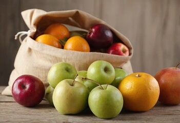 Naklejka na ściany i meble Basket and fresh fruits on wooden table