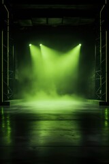 The dark stage shows, empty lime, olive, chartreuse bThe dark stage shows, empty lime, olive, chartreuse background, neon light, spotlights, The asphalt floor and studio room with smoke