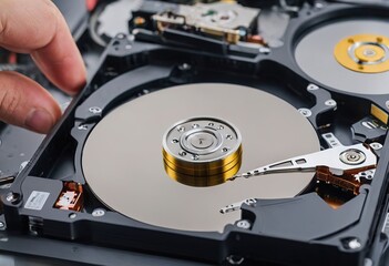 The abstract image of inside of hard disk drive on the technician's desk and a computer motherboard as a component. the concept of data, hardware, and information technology.