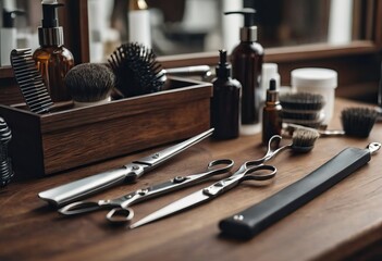 various barbershop implements in order - obrazy, fototapety, plakaty