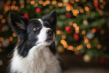 Border Collie Portrait with Christmas Light Background. Adorable Black and White Dog during Xmas Festive Season.