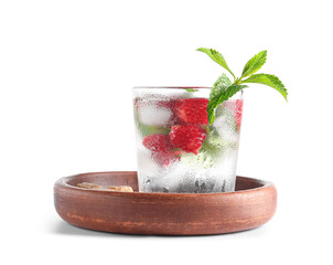 Glass of fresh raspberry lemonade with mint on white background