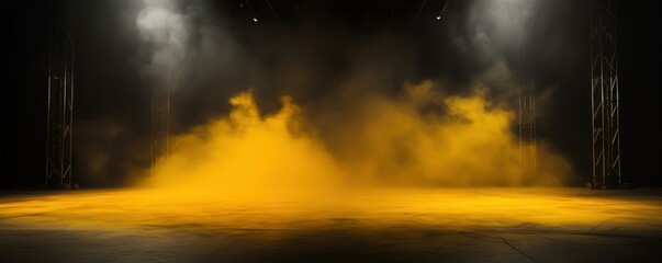 The dark stage shows, empty mustard, ochre, amber background, neon light, spotlights, The asphalt floor and studio room with smoke