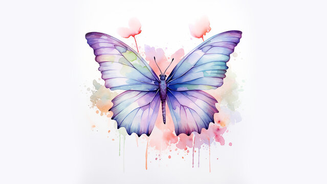 Watercolor style painting of a butterfly in delicate colors, pink, light blue, greenish, purple