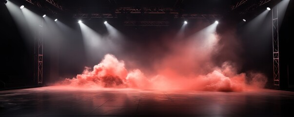 The dark stage shows, empty peach, salmon, coral The dark stage shows, empty peachy, rose, blush background, neon light, spotlights, The asphalt floor and studio room with smoke