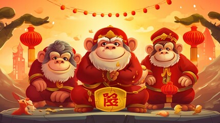 Obraz na płótnie Canvas Cute cartoon monkey chinese new year decoration background AI Generated Image