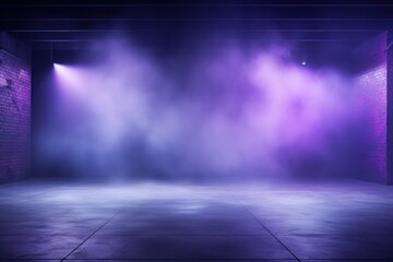 The dark stage shows, empty periwinkle, lavender, violet background, neon light, spotlights, The asphalt floor and studio room with smoke