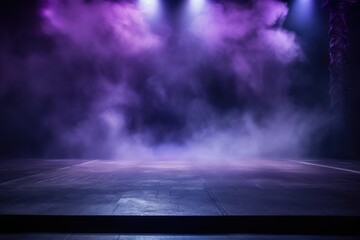 The dark stage shows, empty periwinkle, lavender, violet background, neon light, spotlights, The asphalt floor and studio room with smoke