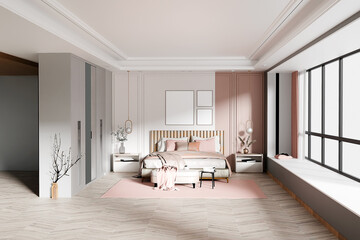 Pink bedroom interior with bed and frame mockup . 3d rendering