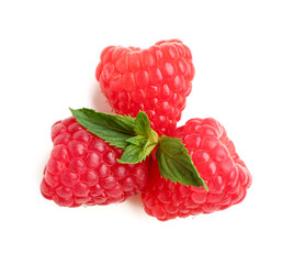 Fresh raspberries and mint on white background