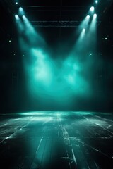 The dark stage shows, empty turquoise, aquamarine, teal background, neon light, spotlights, The asphalt floor and studio room with smoke