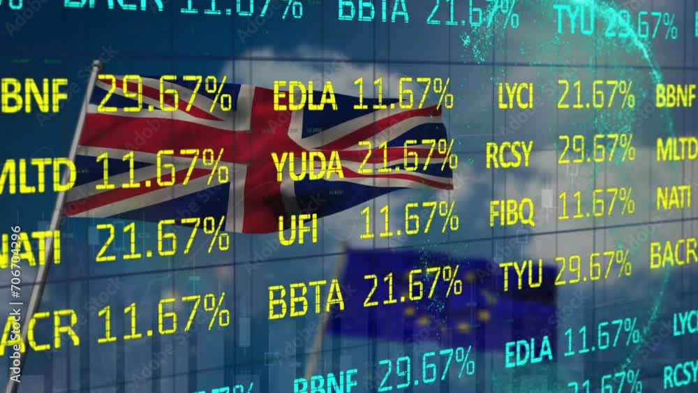Poster animation of financial data processing over flag of eu and flag of uk